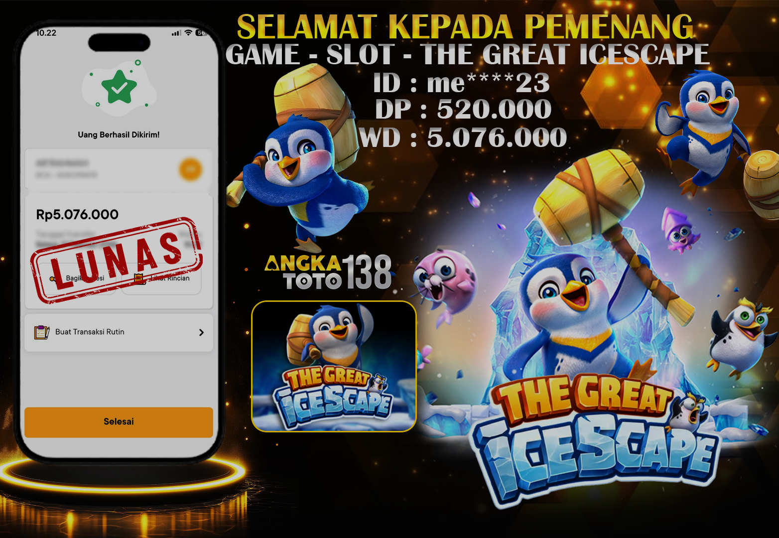 BUKTI JACKPOT LUNAS THE GREAT ICESCAPE ID : me****23